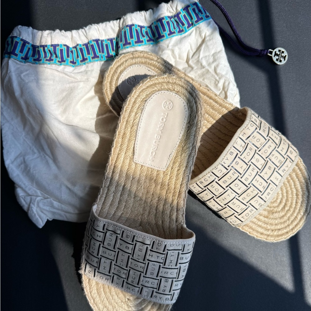Tory Burch Cream and Navy Slides